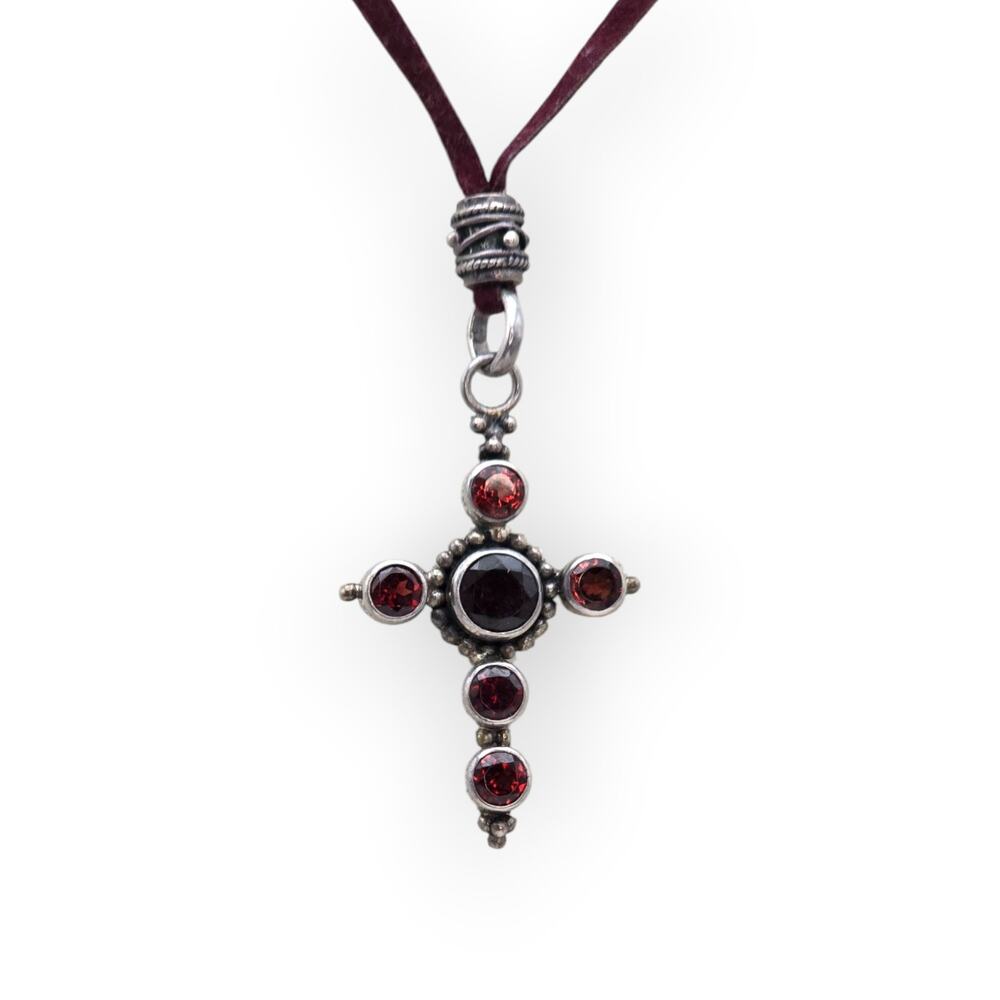 Garnet Cross Pendant Necklace 36" Silver Tone Vintage Inspired Romantic Gothic